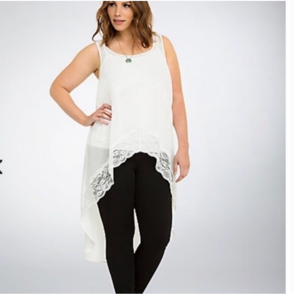 Torrid High Low Lace Sheer Lace Trip White Top
